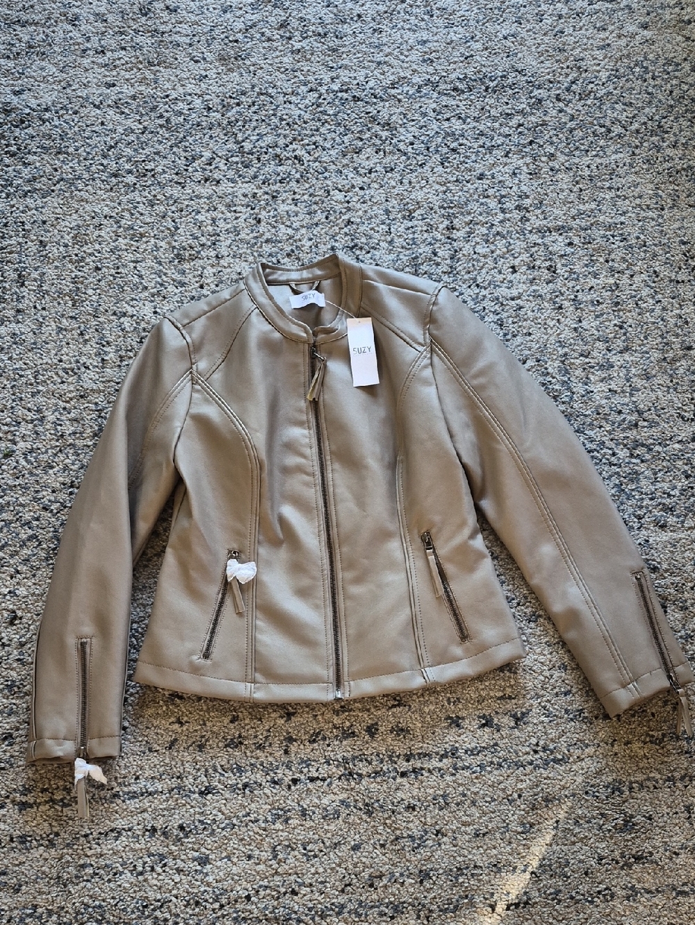 Suzy Shier Taupe Faux Leather Zip Detail Jacket